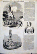 Old Antique Print Archery Hall Bruges Beffroi Portrait Queen Belgian 1843 19th