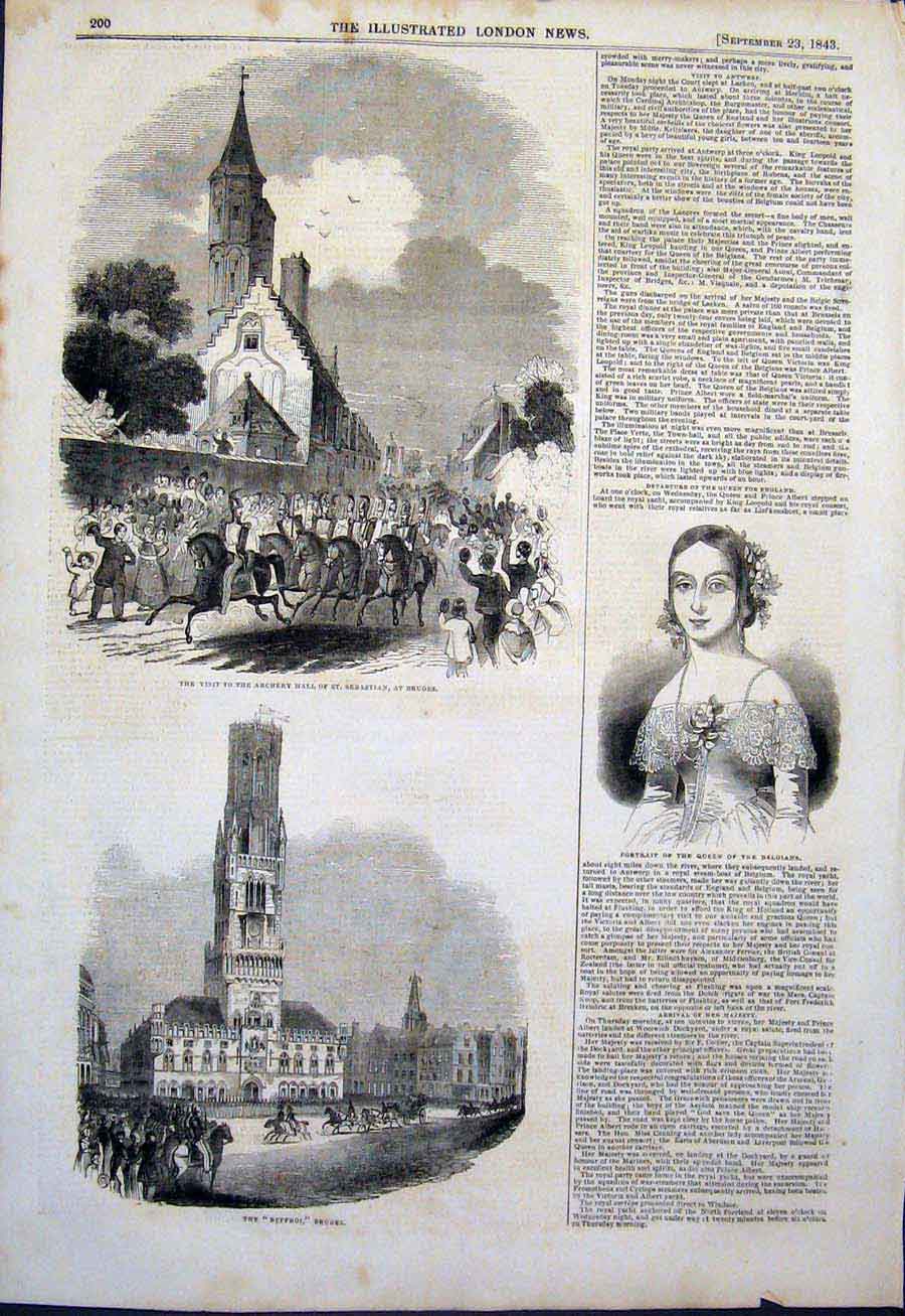 Old Antique Print Archery Hall Bruges Beffroi Portrait Queen Belgian 1843 19th