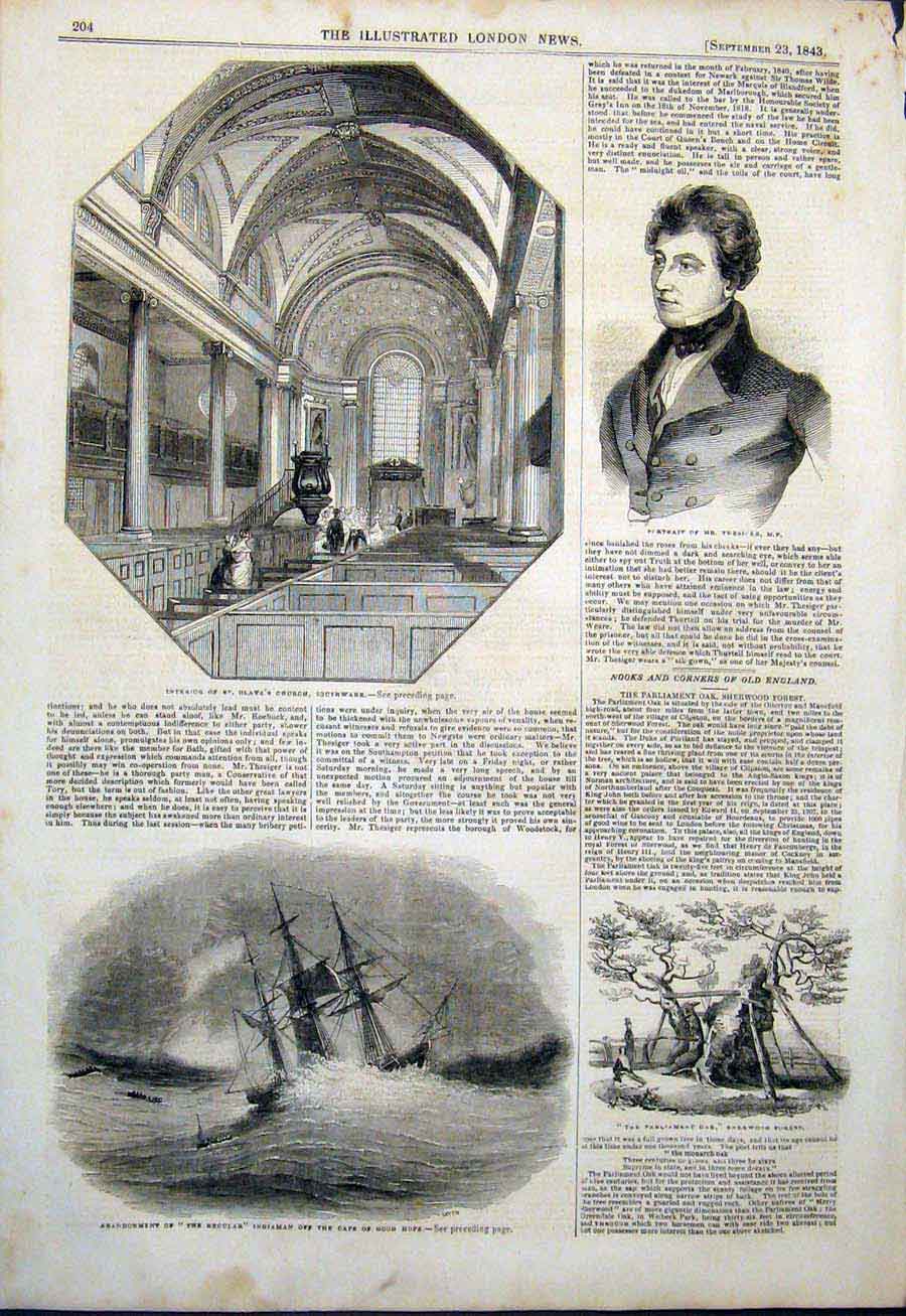Original Old Antique Print Olave'S Church Southwark Regular Ship Africa Thesiger