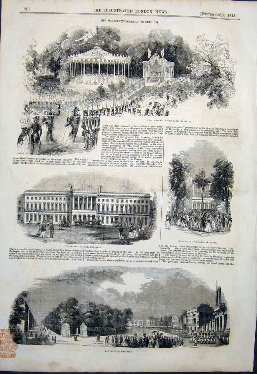 Original Old Antique Print Belgium Royal Concert Brussels Palace Park 1843 19th
