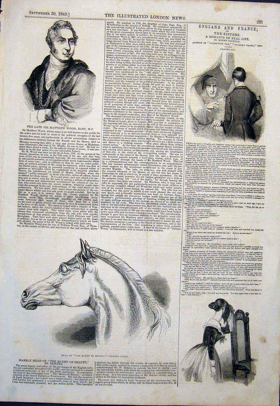 Old Antique Print Portrait Wood Behnes Sculp Horse Head Queen Beauty 1843 19th