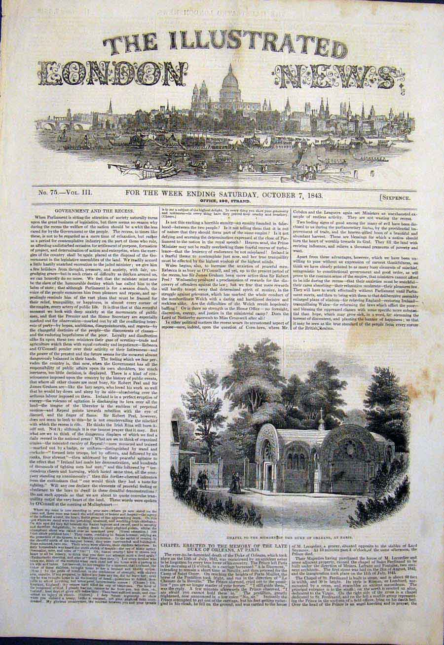 Original Old Antique Print Chapel Duke Orleans Paris France 1843 19th