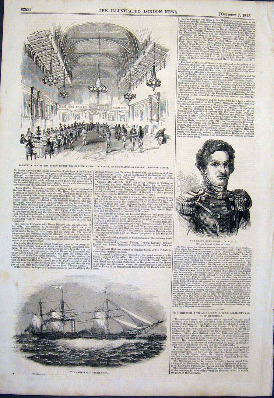 Old Antique Print Banquet Michel Windsor Castle Portrait Russia Hibernia