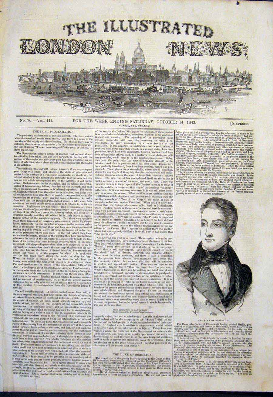 Original Old Antique Print Portrait Duke Bordeaux London 1843 19th