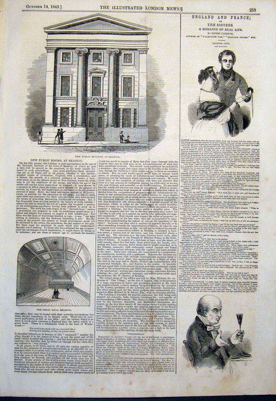 Original Old Antique Print Public Building Reading Great Hall 1843 Victorian