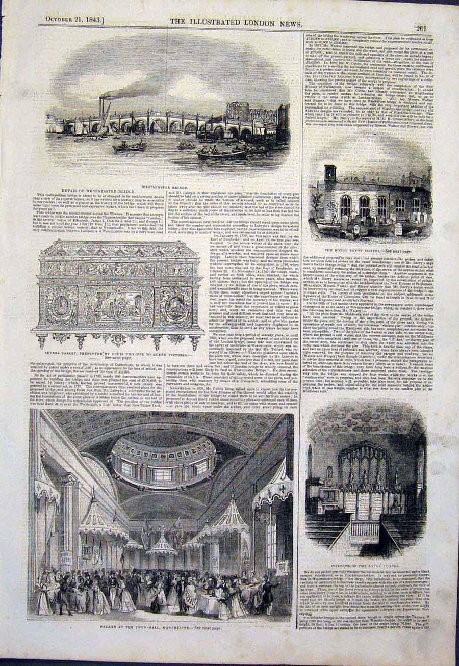 Original Old Antique Print Westminster Bridge Bazaar Town Hall Manchester 1843