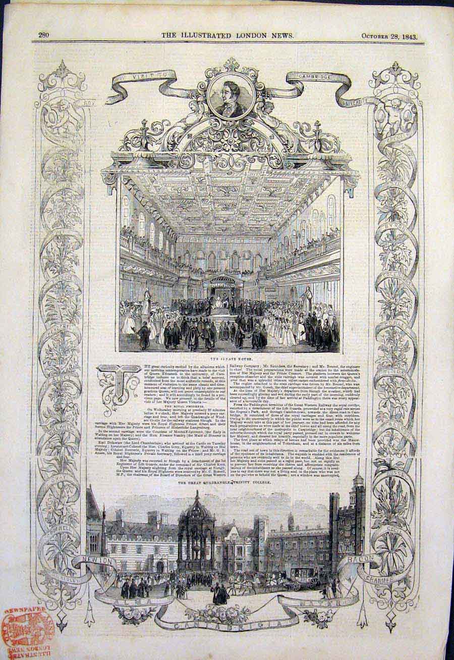 Old Antique Print Senate House Trintiy College Ireland Cambridge Bridge