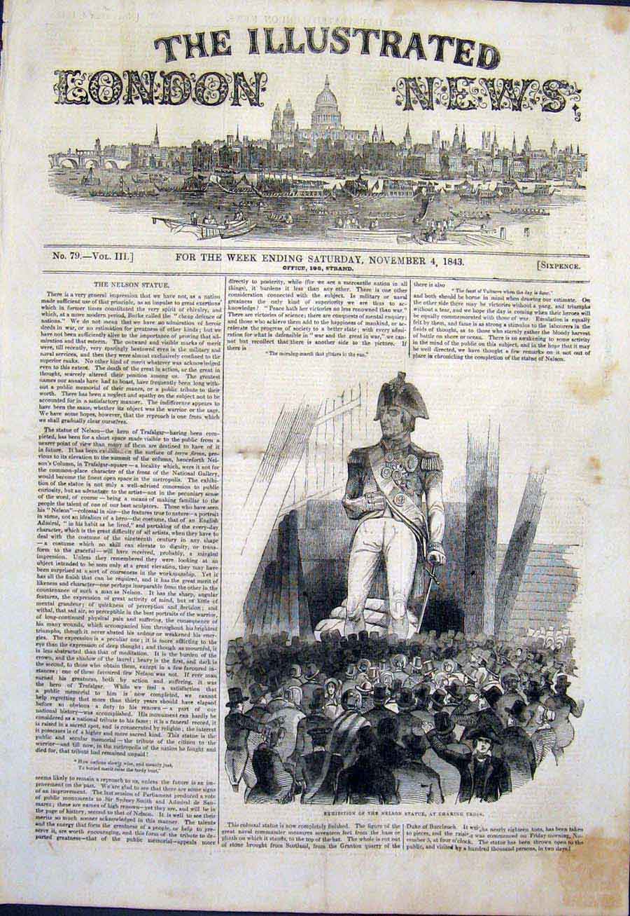 Original Old Antique Print Nelson Statue Charing Cross Exhibition 1843 Victorian