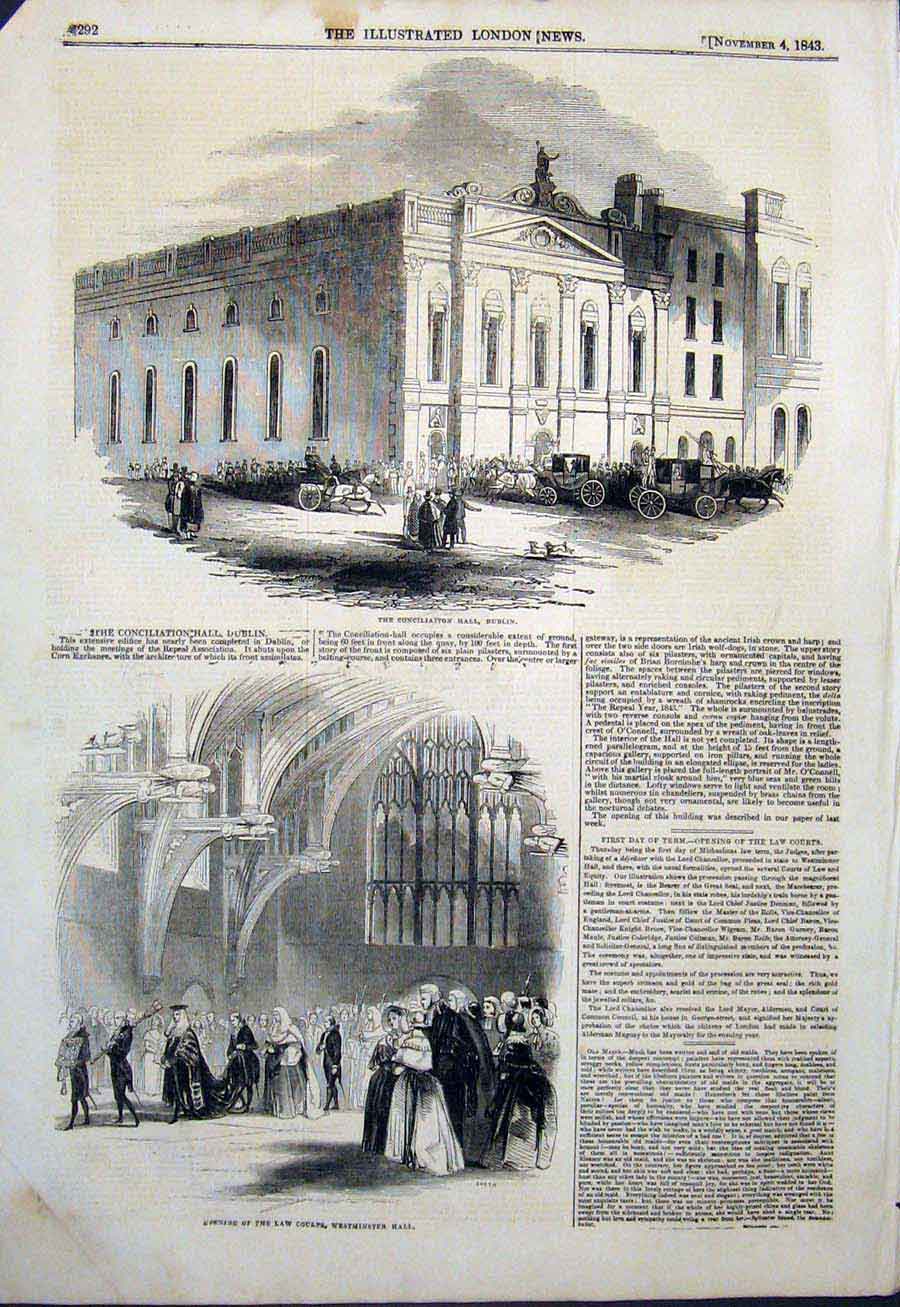 Old Antique Print Conciliation Hall Dublin Ireland Law Court Westminster