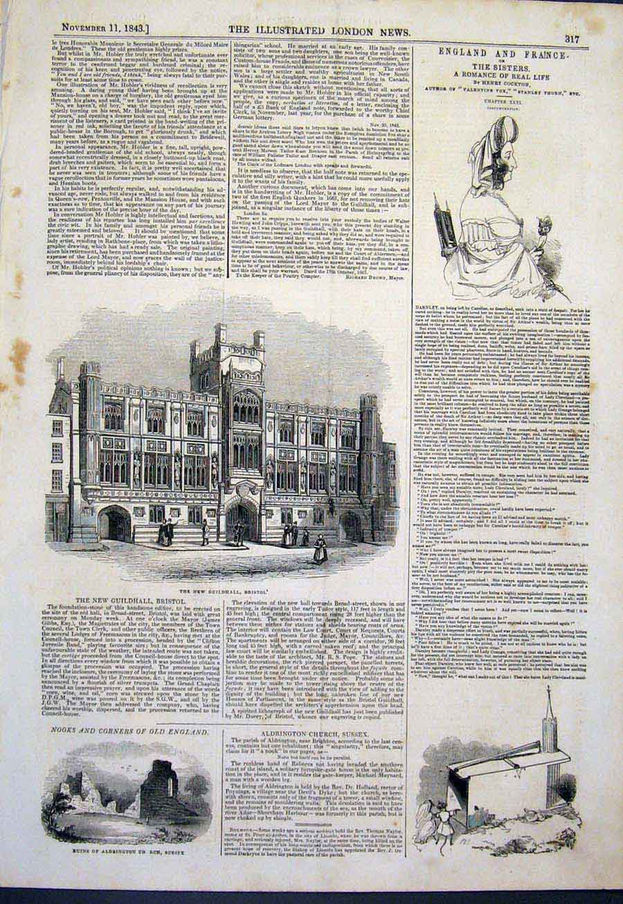 Original Old Antique Print Guildhall Bristol Aldington Church Ruins Sussex 1843