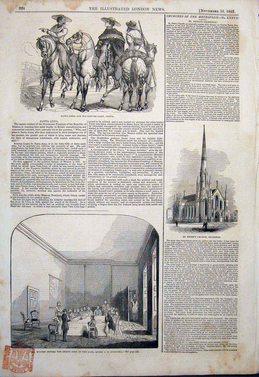 Original Old Antique Print Santa Anna Mexico Hughes O'Connell Church Islington