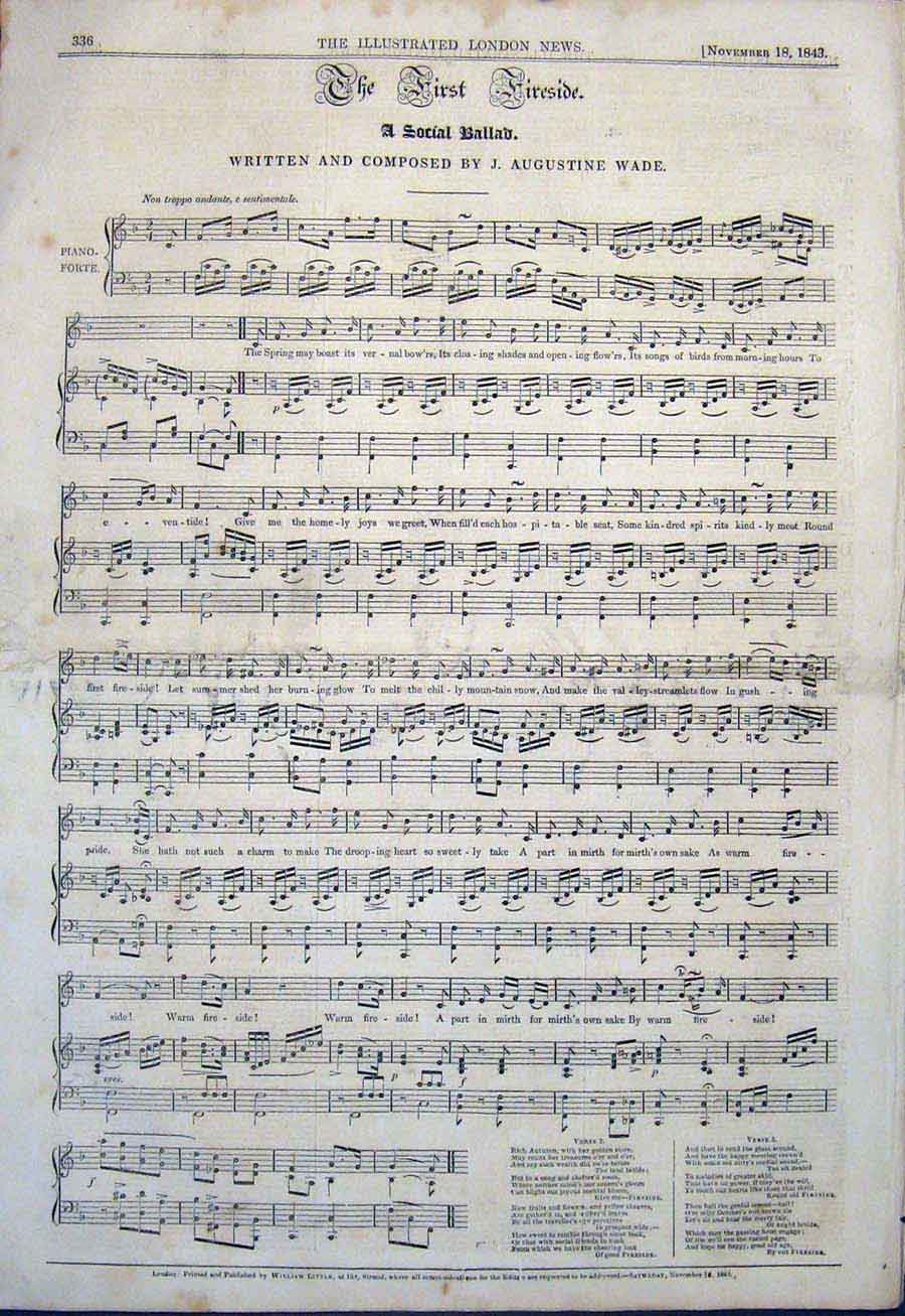 Original Old Antique Print Music Score Ballad Wade Pianoforte 1843 Victorian