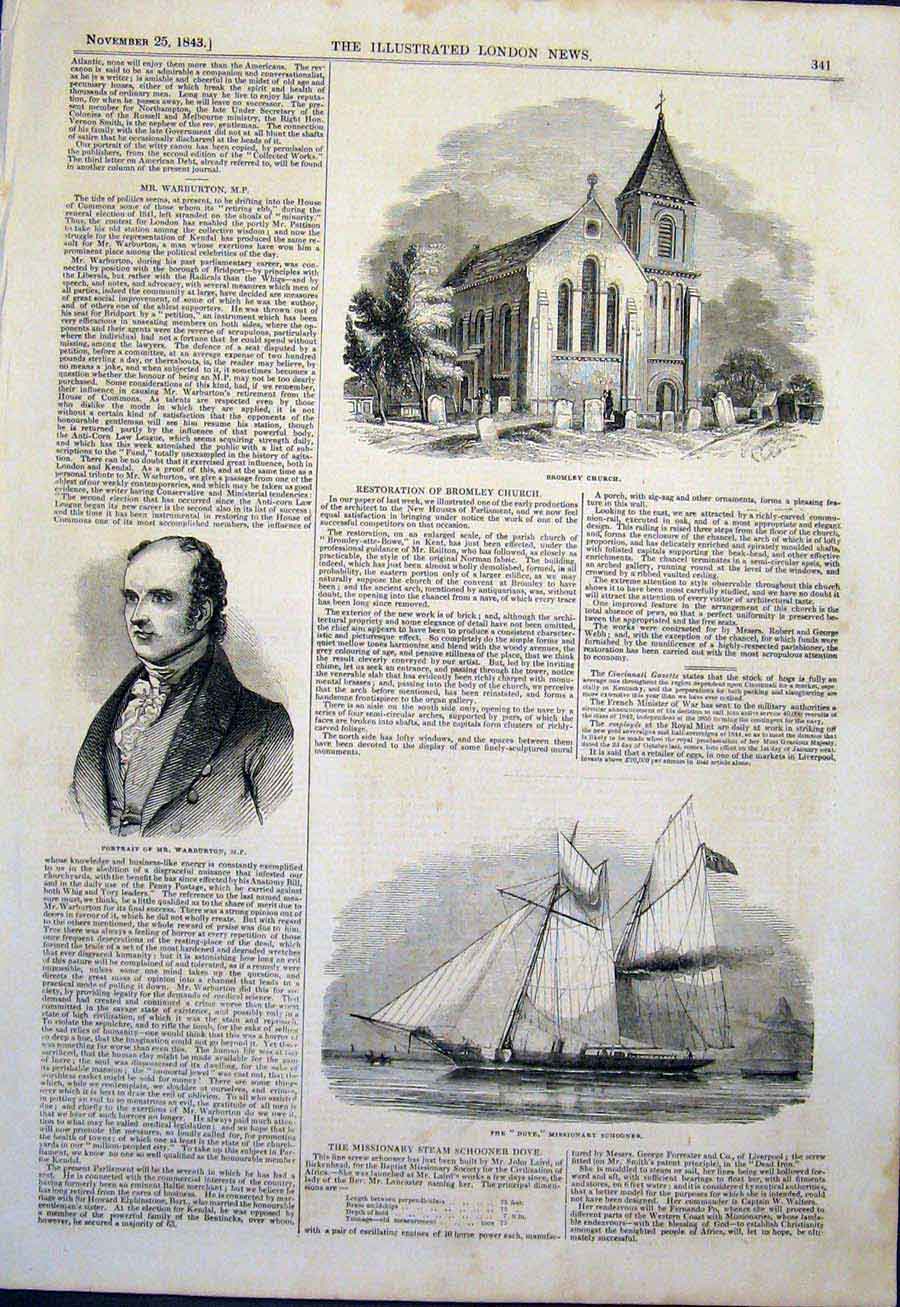 Original Old Antique Print Bromley Church Portrait Warburton Dove Schooner 1843
