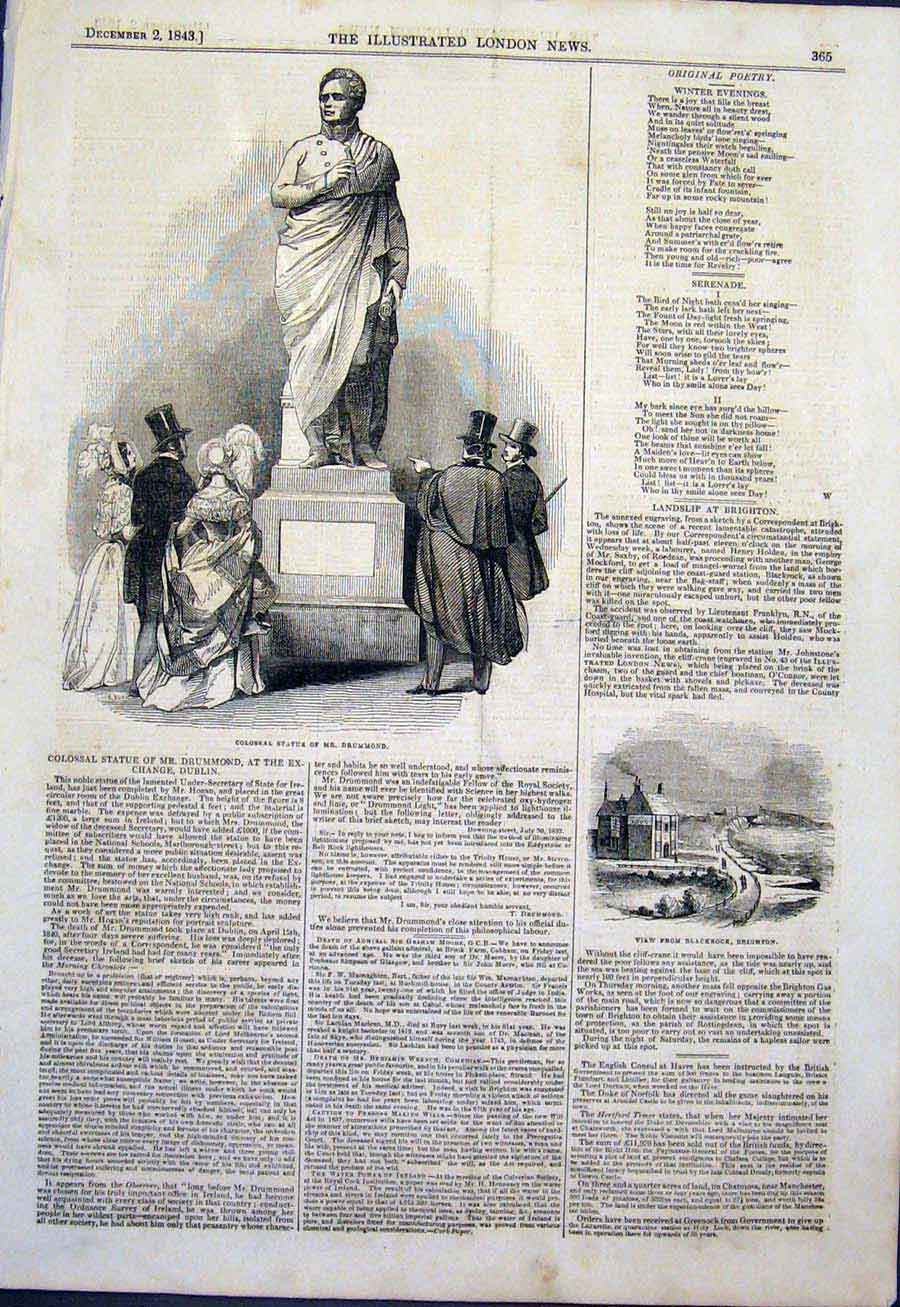 Old Antique Print Statue Drummond Dublin Ireland Blackrock Brighton 1843 19th