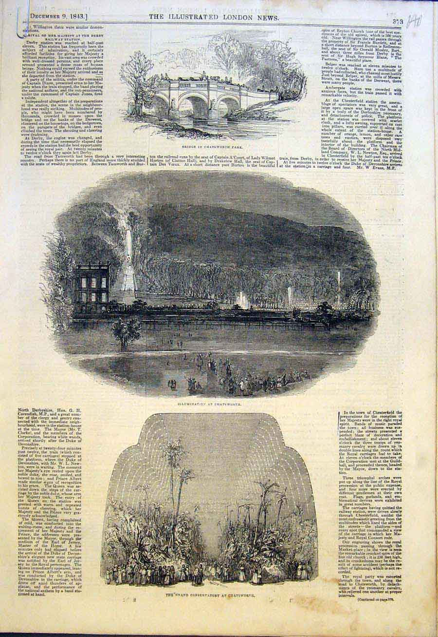 Old Antique Print Bridge Chatsworth Conservatory Palace Devonshire Duke