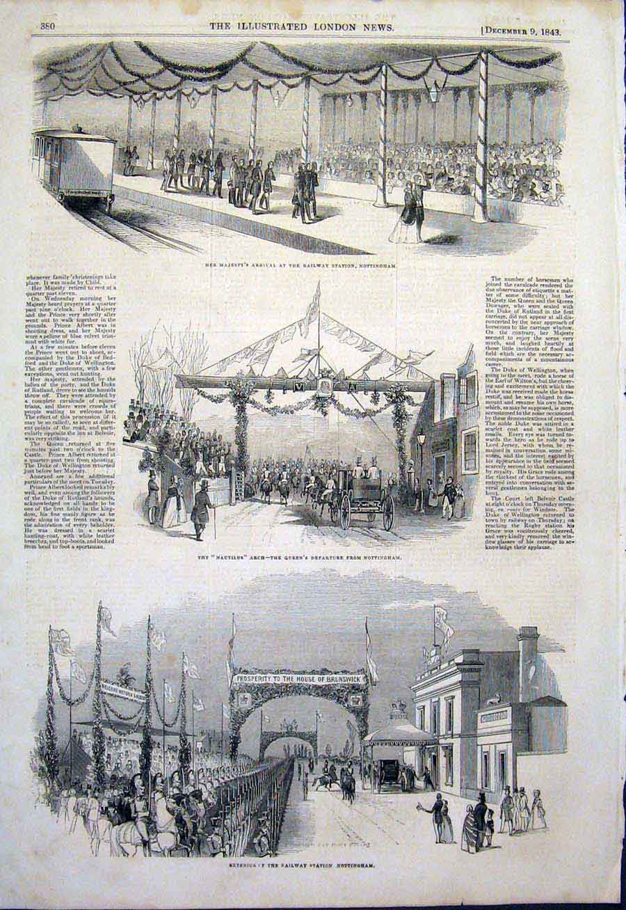 Original Old Antique Print Railway Station Nottingham Queen Nautilus Arch 1843