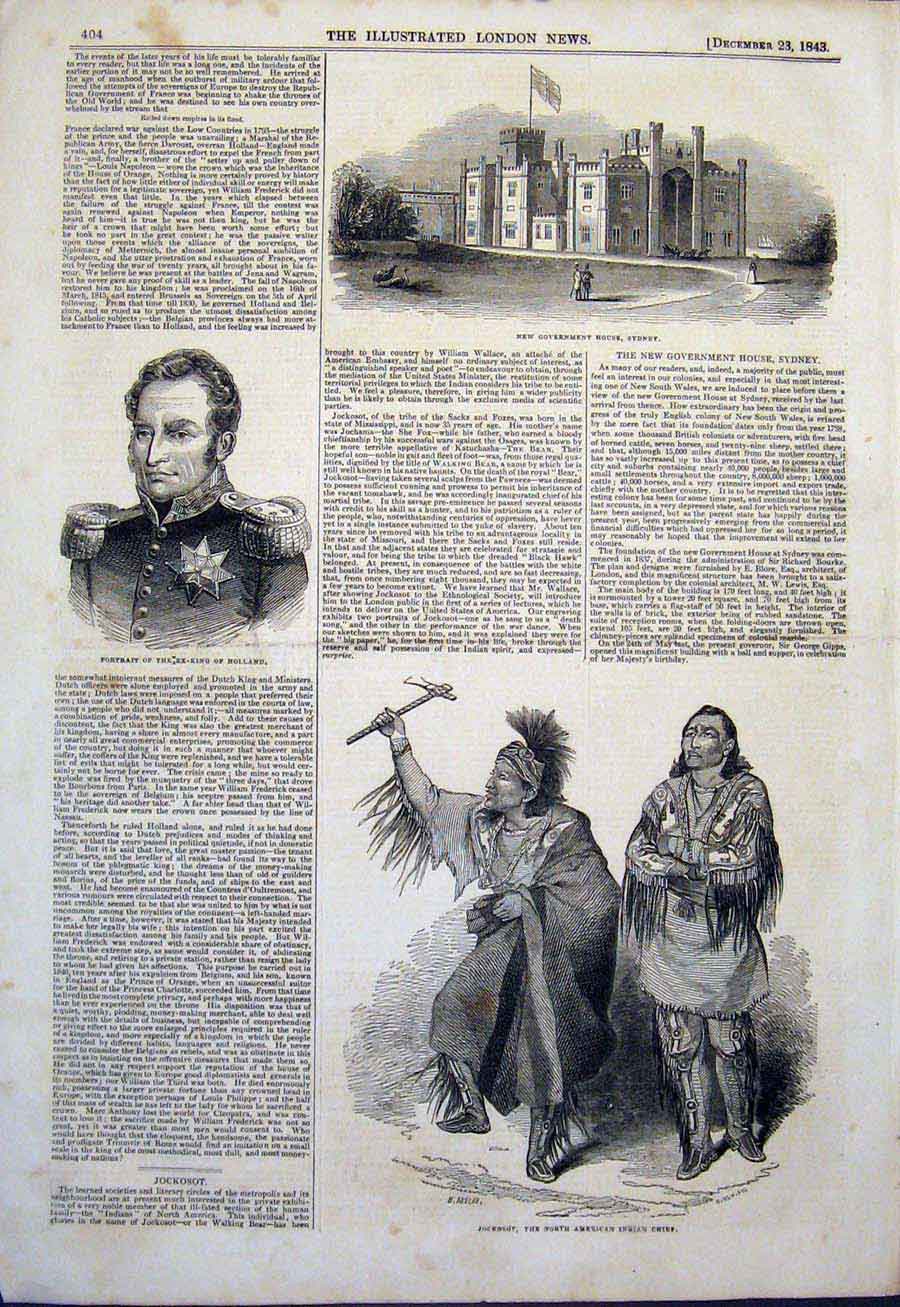 Old Antique Print Sydney Government Portrait Ex-King Holland Indian Chief