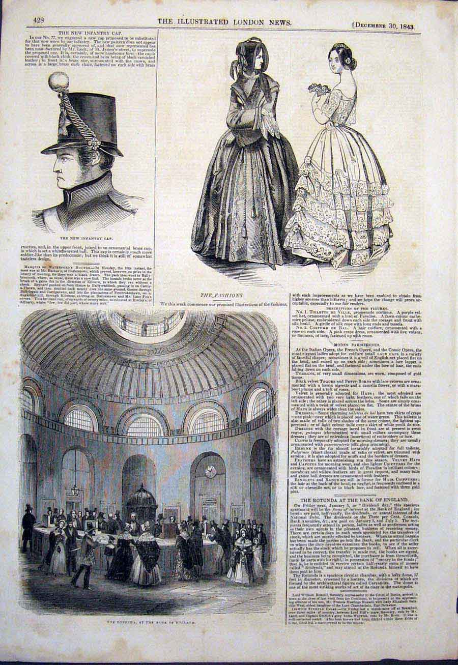 Original Old Antique Print Infantry Cap Fashion Rotunda Bank England 1843 19th