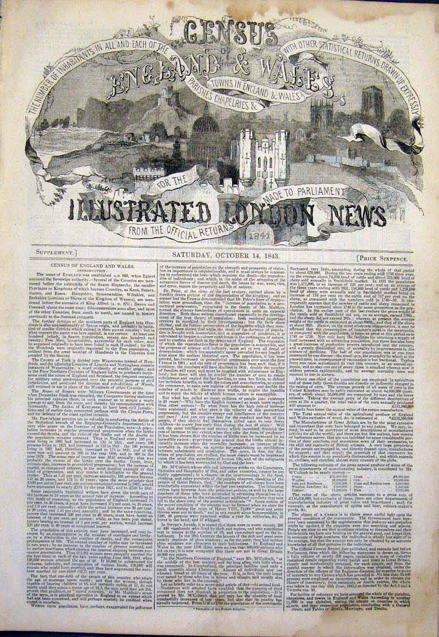 Original Old Antique Print Census England Wales 1841 1843 19th