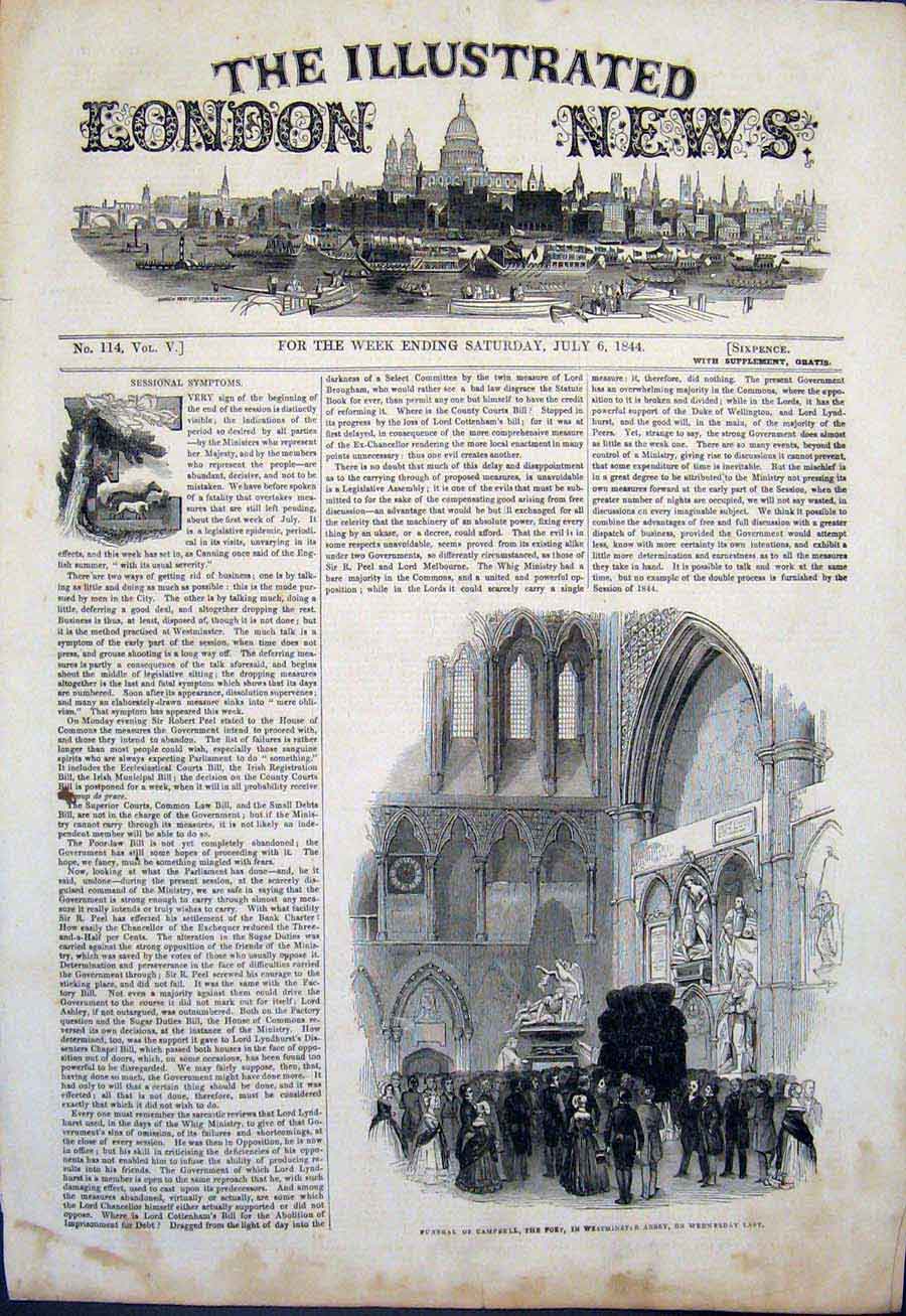 Original Old Antique Print Funeral Campbell Poet Westminster Abbey London 1844