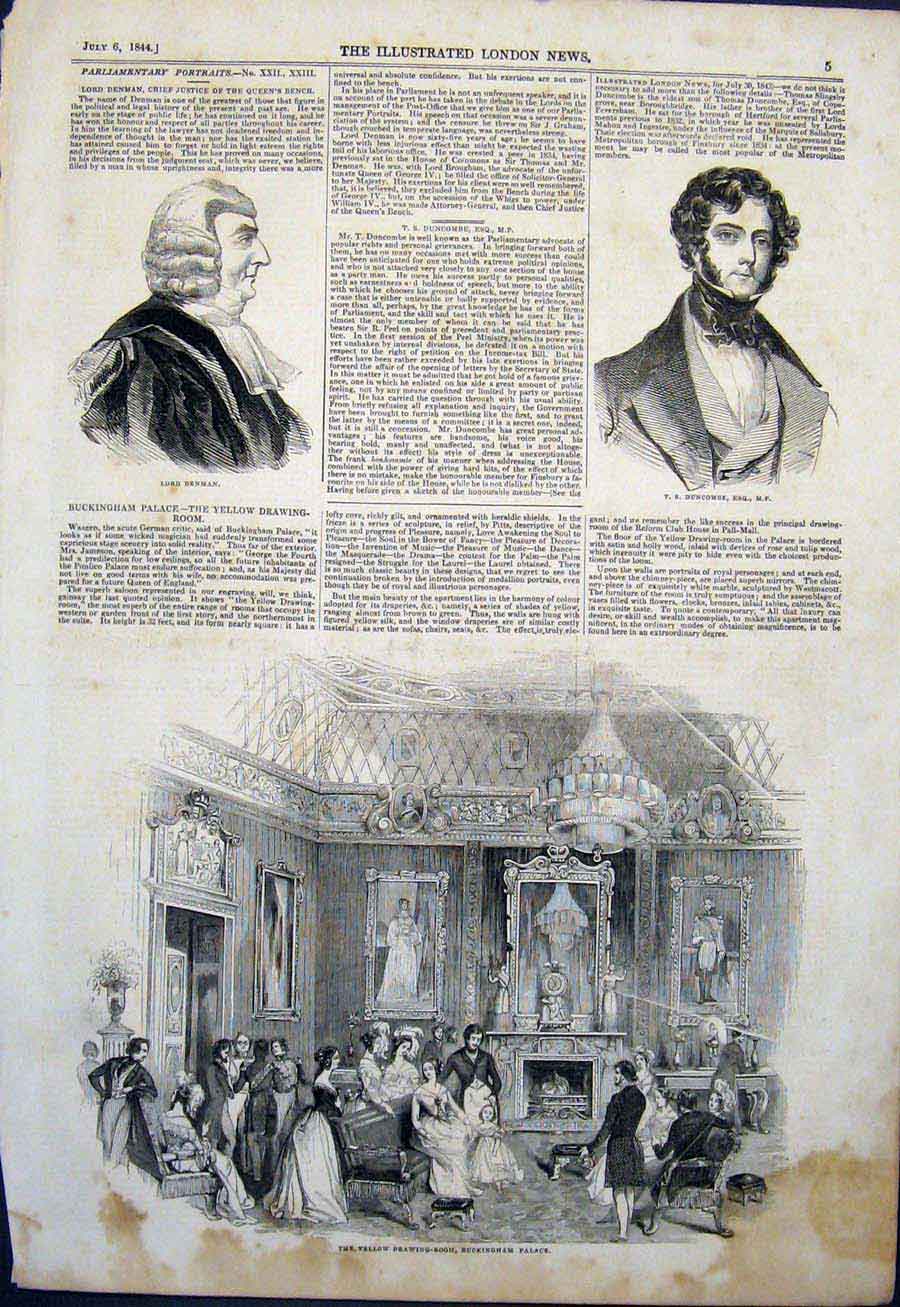 Original Old Antique Print Denman Duncombe Buckingham Palace Yellow Drawing Room