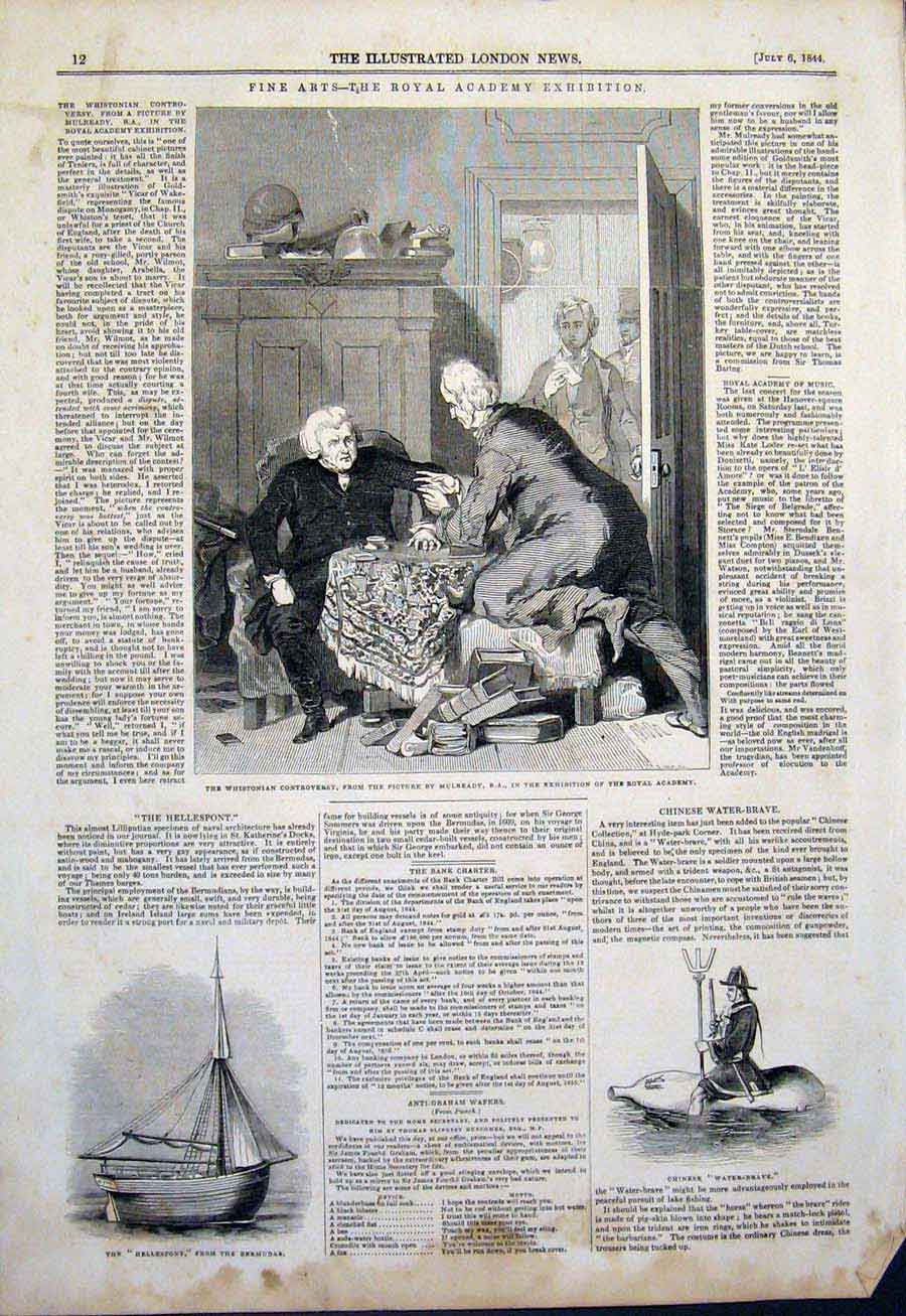 Old Antique Print Whistonian Controversy Mulready Hellespont Water Brave