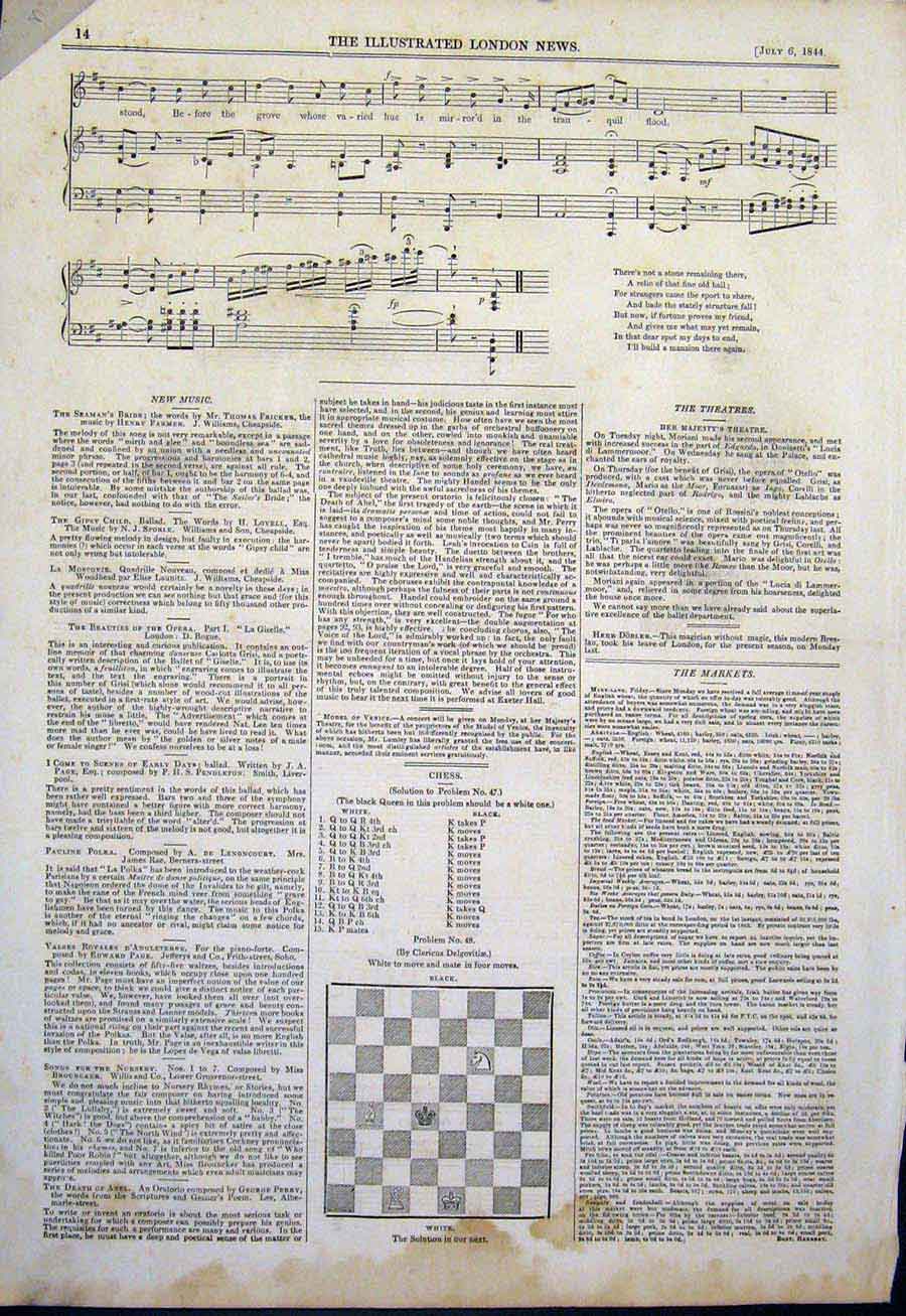 Original Old Antique Print Music Score Sheet Ballad Loder Thompson 1844 19th