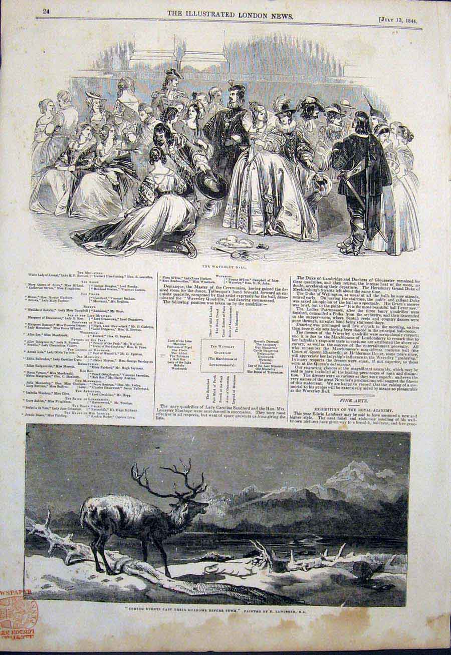 Original Old Antique Print Waverley Ball Deer Landseer Fine Art 1844 Victorian