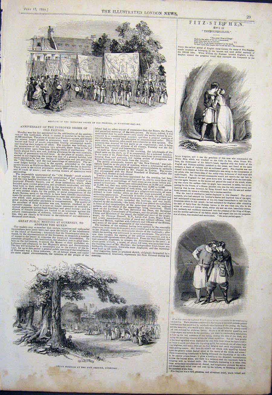 Original Old Antique Print Finsbury Square Friends Guernsey Fitz-Stephen Sailor