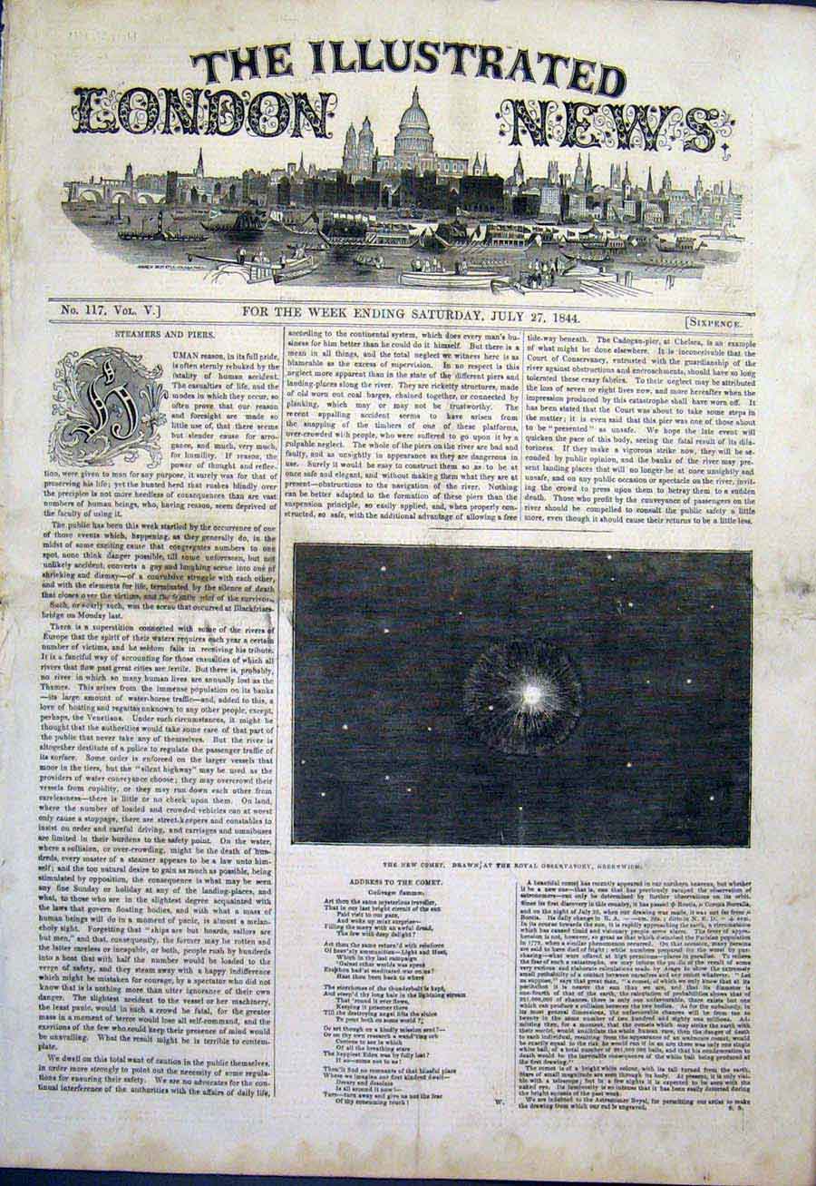 Original Old Antique Print Comet Royal Observatory Greenwich London 1844 19th
