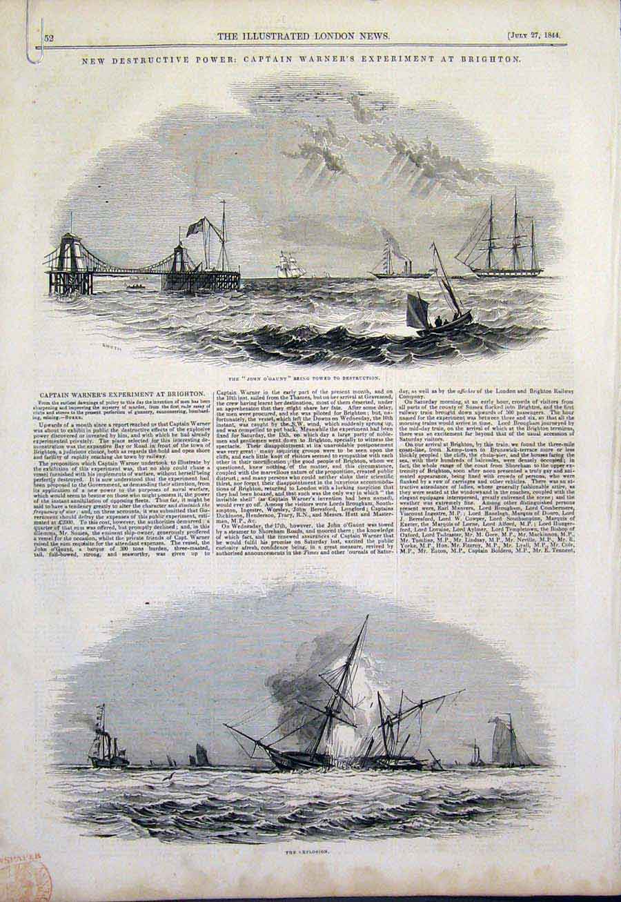 Old Antique Print Brighton Warner Explosion John O'Gaunt Ships Ship 1844 19th