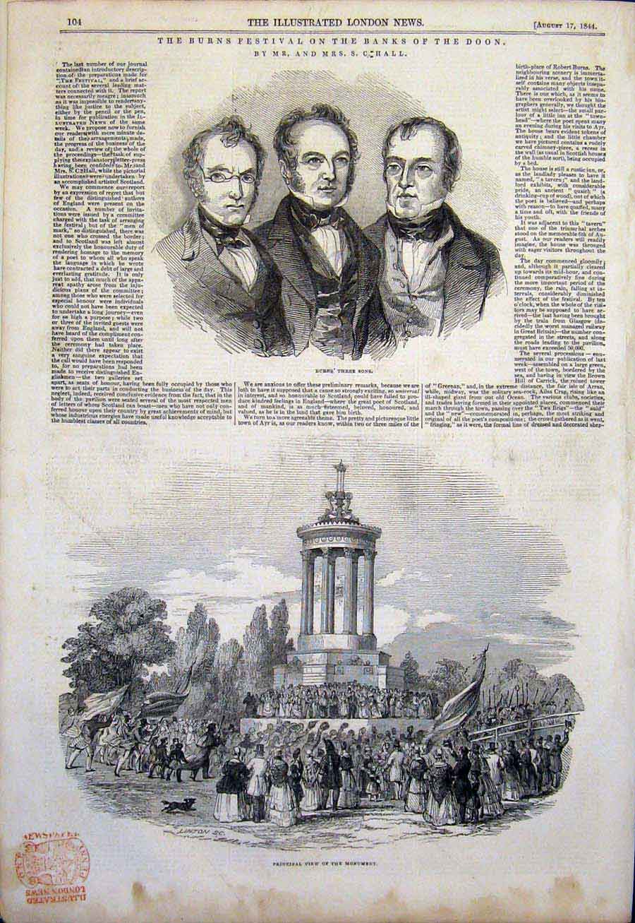 Original Old Antique Print Burns Festival Doon Procession Scotland Poet 1844