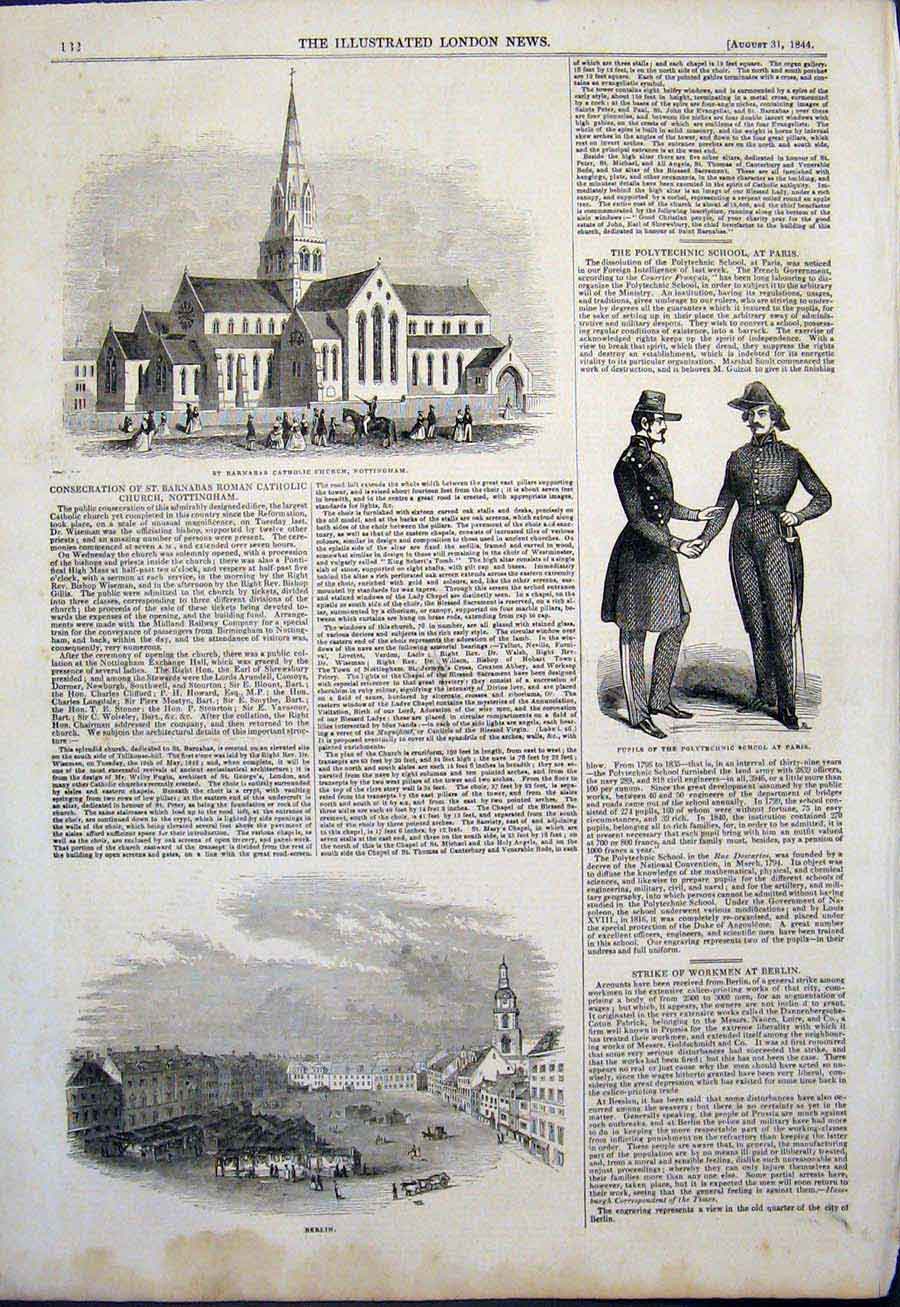 Original Old Antique Print Catholic Church Nottingham Paris School Berlin 1844