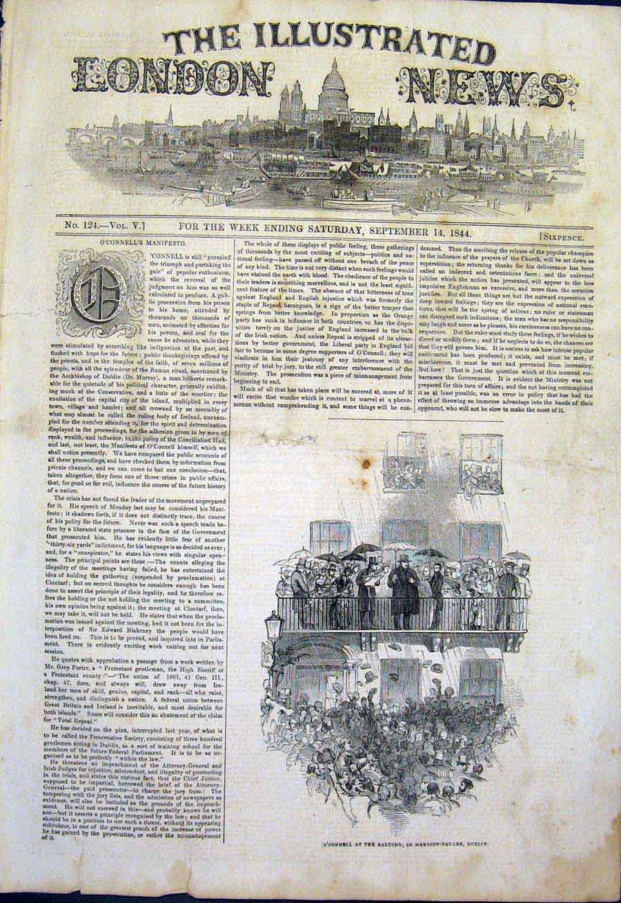 Original Old Antique Print O'Connell Merrion-Square Dublin Ireland 1844 19th