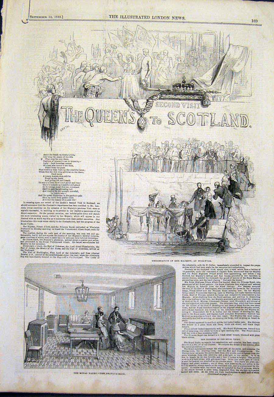Original Old Antique Print Queen Scotland Woolwich Royal Yacht Ocean Ship 1844