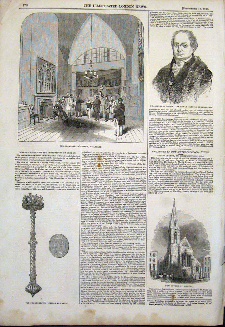 Old Antique Print Chamberlain Guilhall Alderman Brown Sceptre Seal Church