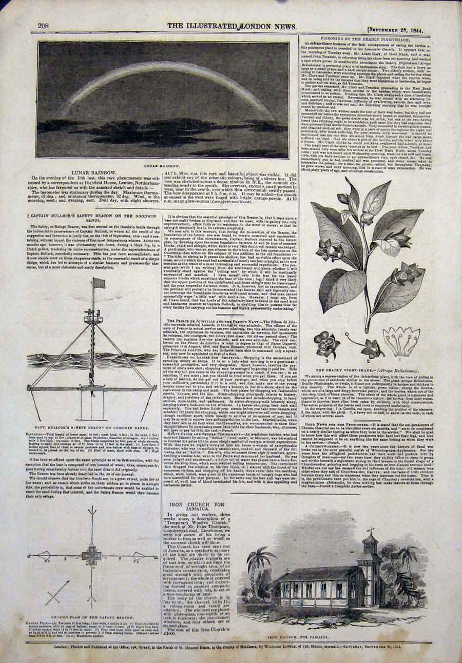 Old Antique Print Lunar Rainbow Bullock Goodwin Night-Shade Flower Church