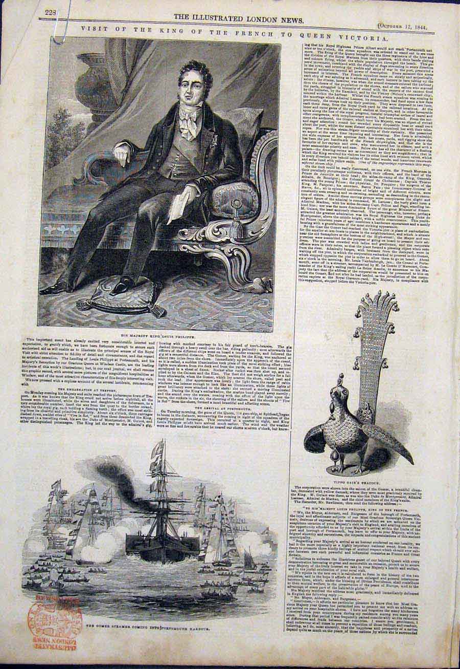 Original Old Antique Print French King Philippe Victoria Peacock Nautilus Gomer