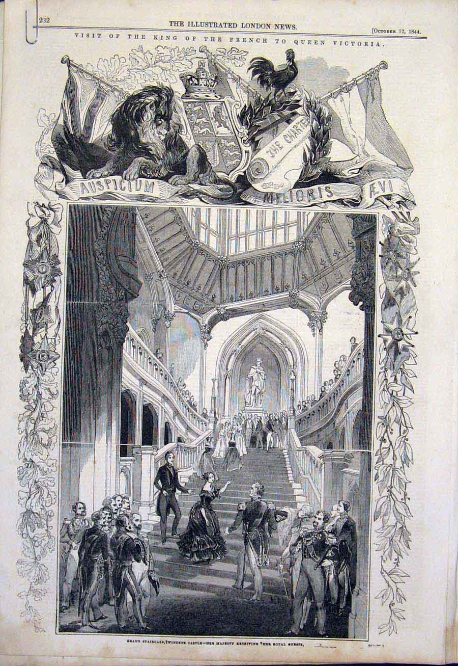 Old Antique Print French King Windsor Castle Queen Victoria Philippe 1844 19th