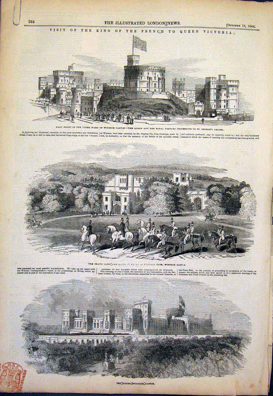 Old Antique Print French King Queen Victoria Windsor Castle London 1844 19th