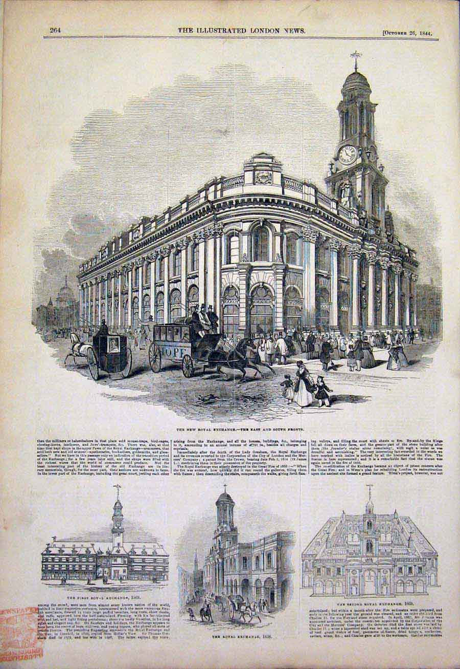 Original Old Antique Print New Royal Exchange London Entrance 1844 Victorian