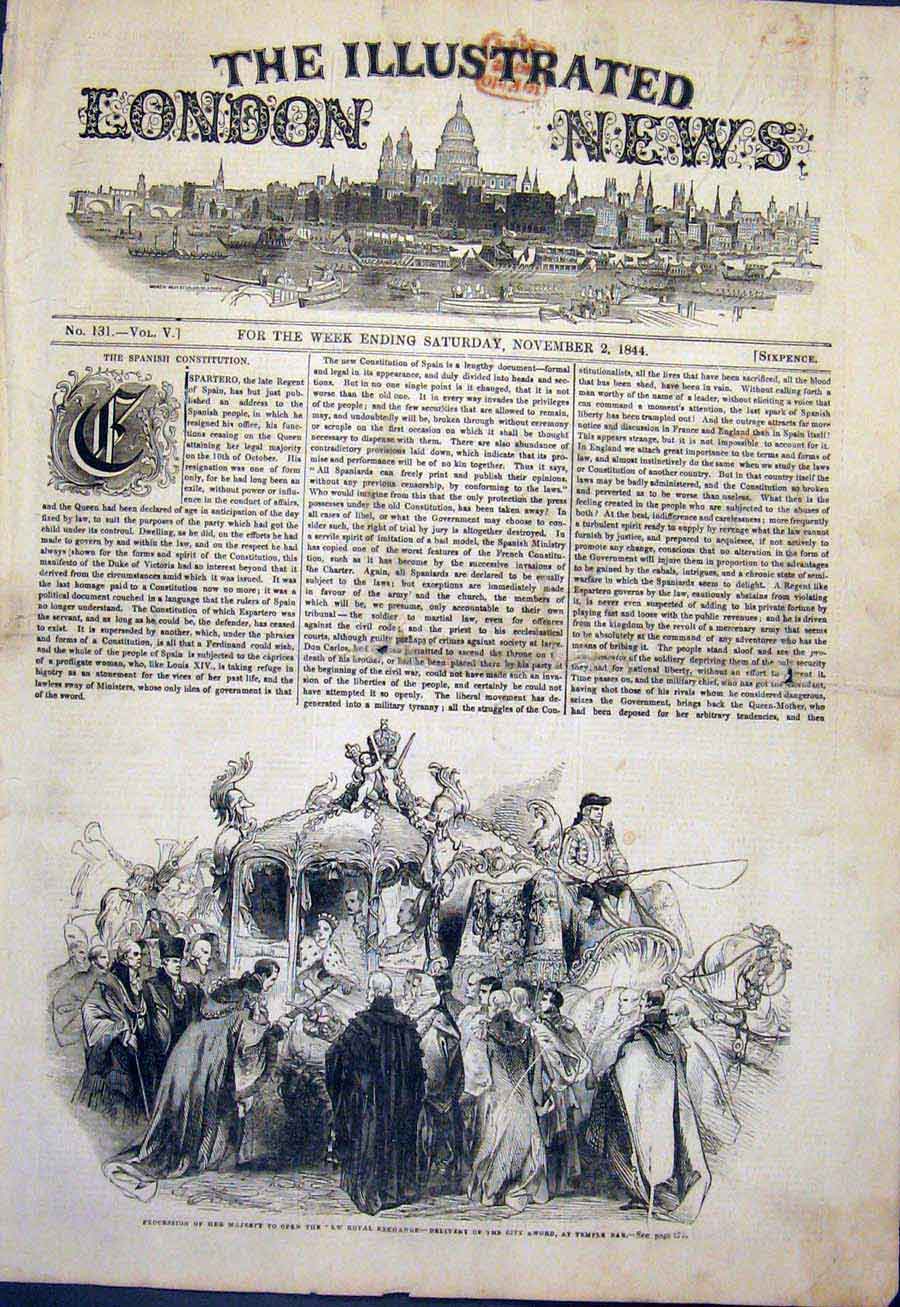 Original Old Antique Print Temple Bar City Sword New Royal Exchange Queen 1844