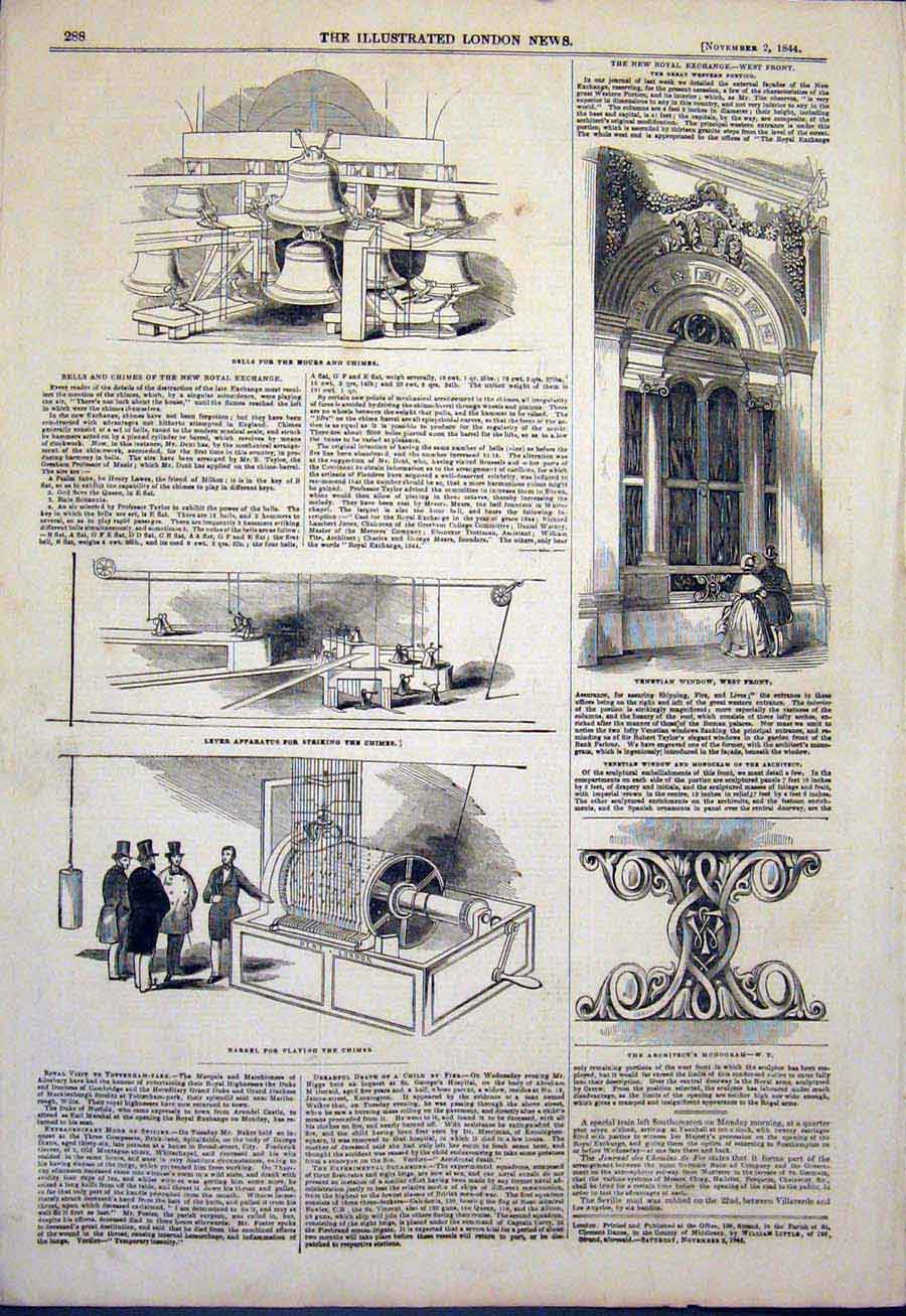 Old Antique Print Bell Bells Chime Chimes Venetian Window Royal Exchange