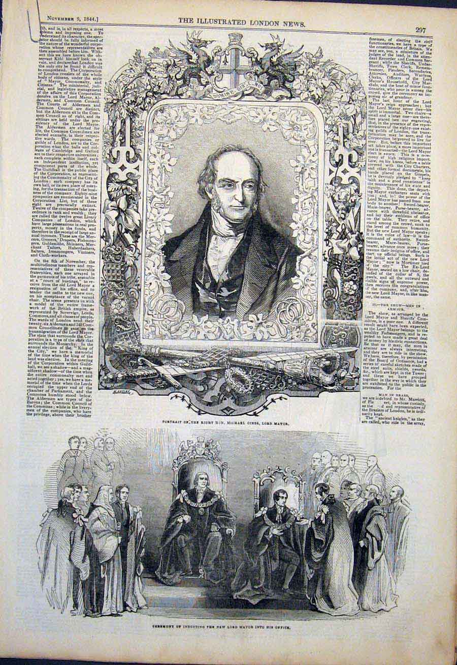 Old Antique Print Portrait Gibbs Mayor London Knight Brass Ceremony 1844 19th