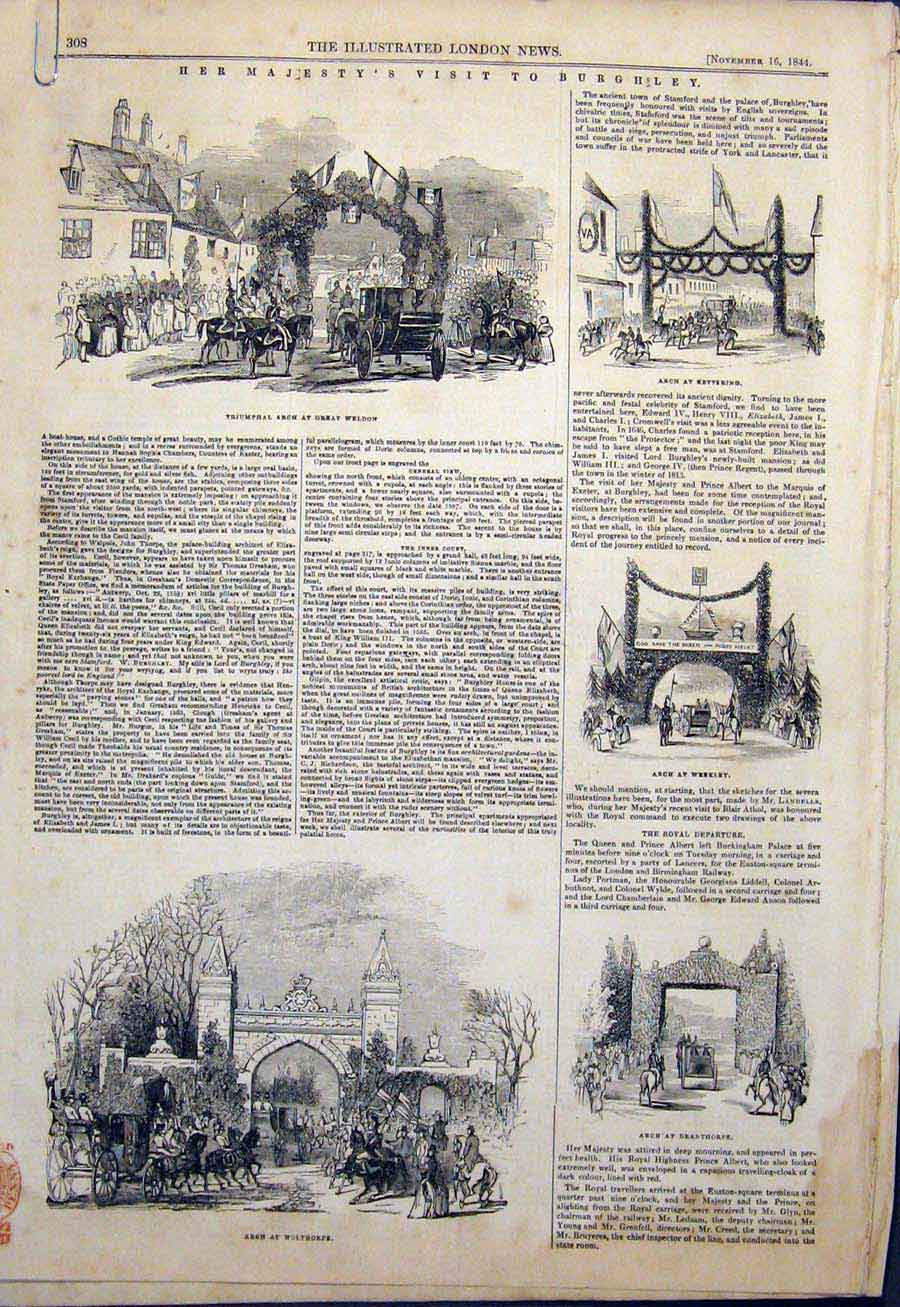 Original Old Antique Print Burghley Weldon Kettering Arch Stamford 1844 19th
