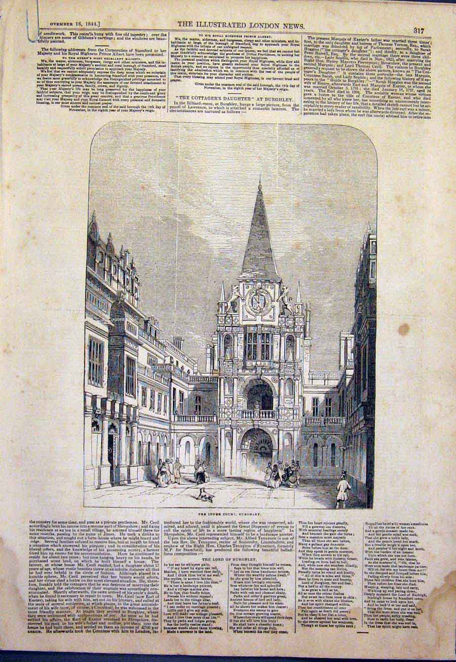 Original Old Antique Print Burghley Stamford Court Staircase State Bed 1844