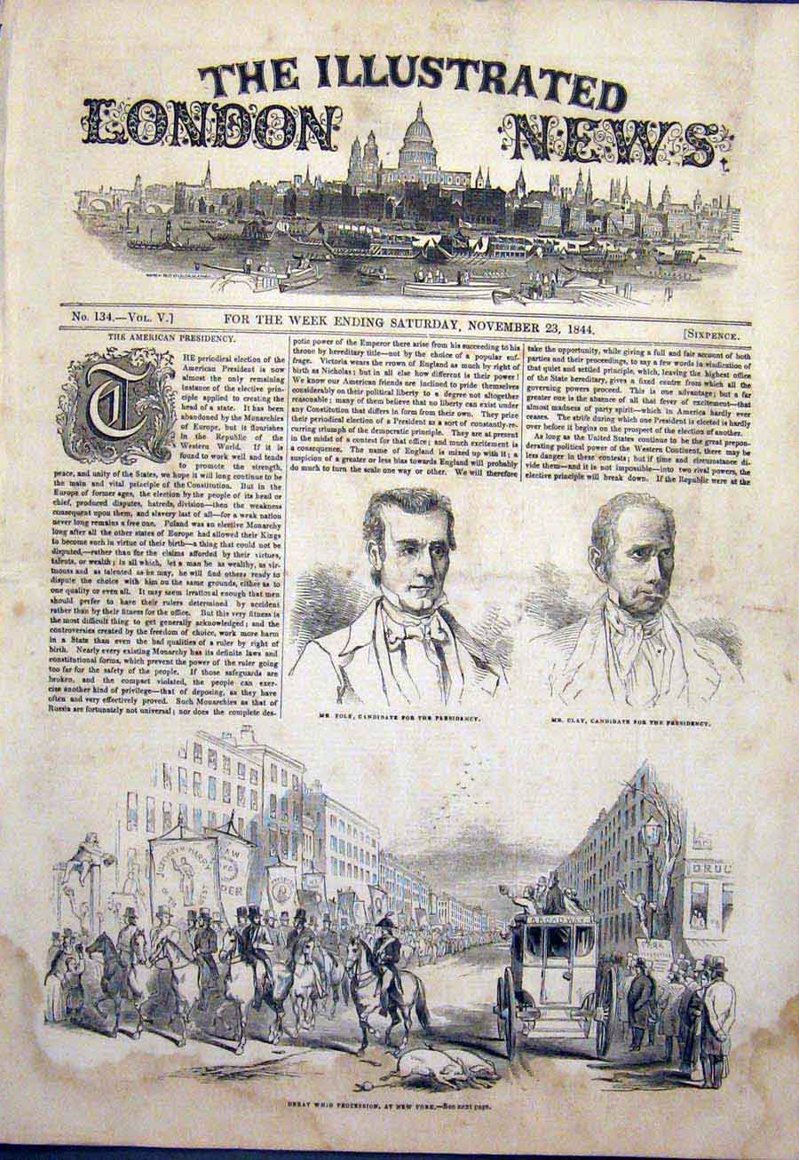 Original Old Antique Print Folk Clay Portrait Whig Procession New York America