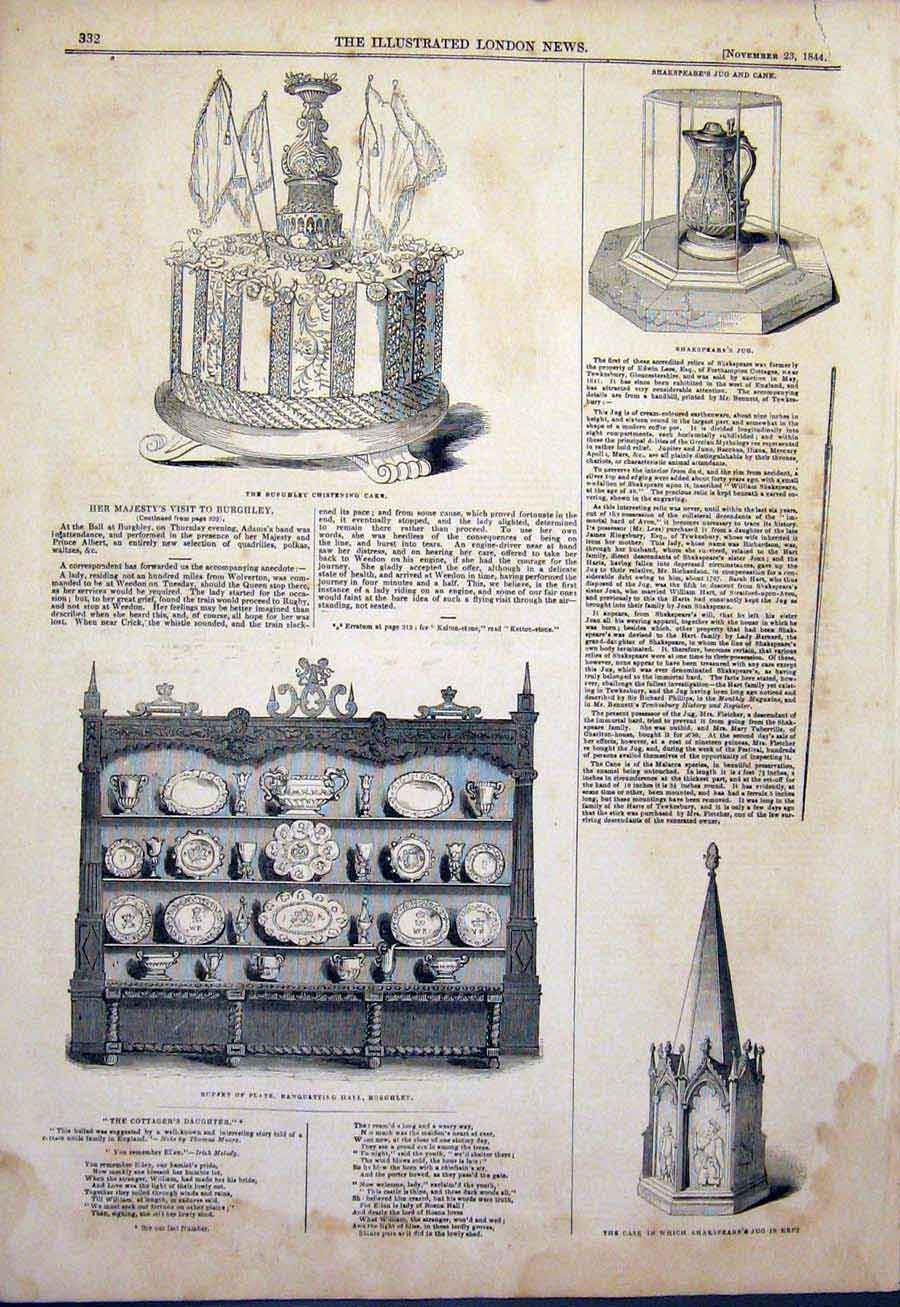 Original Old Antique Print Burghley Hall Shakespeare Jug 1844 19th