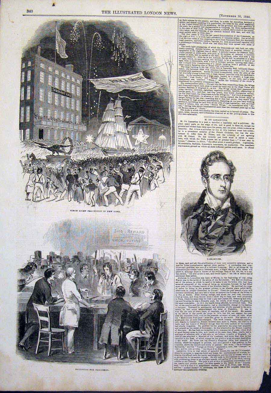 Old Antique Print New York Torch Light Procession Lamartine Election 1844 19th