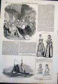 Original Old Antique Print Bath Knight Fishing Boats Fashion 1844 19th
